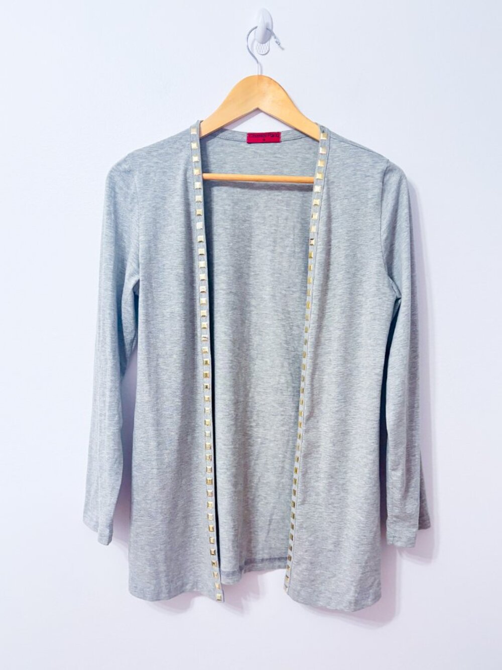 CHANTAL PARIS Grey Gold Studded Open Front Longline Cotton Cardigan Small